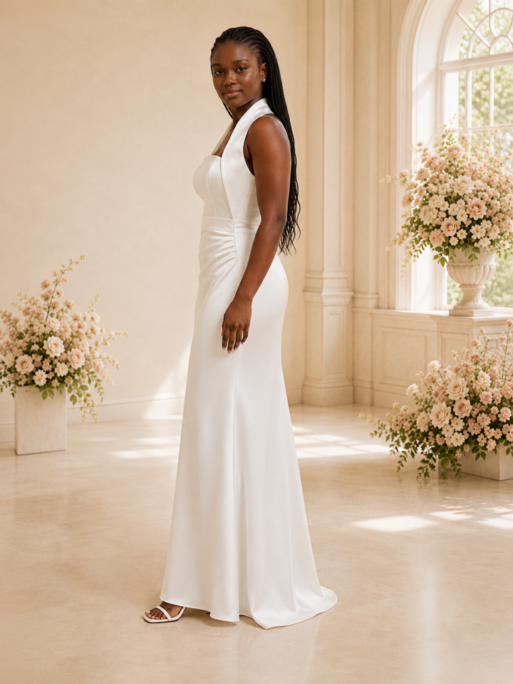 ChicSew Fancy Unique Square Neck Ruched Sleeveless Mermaid Satin Long Wedding Dress