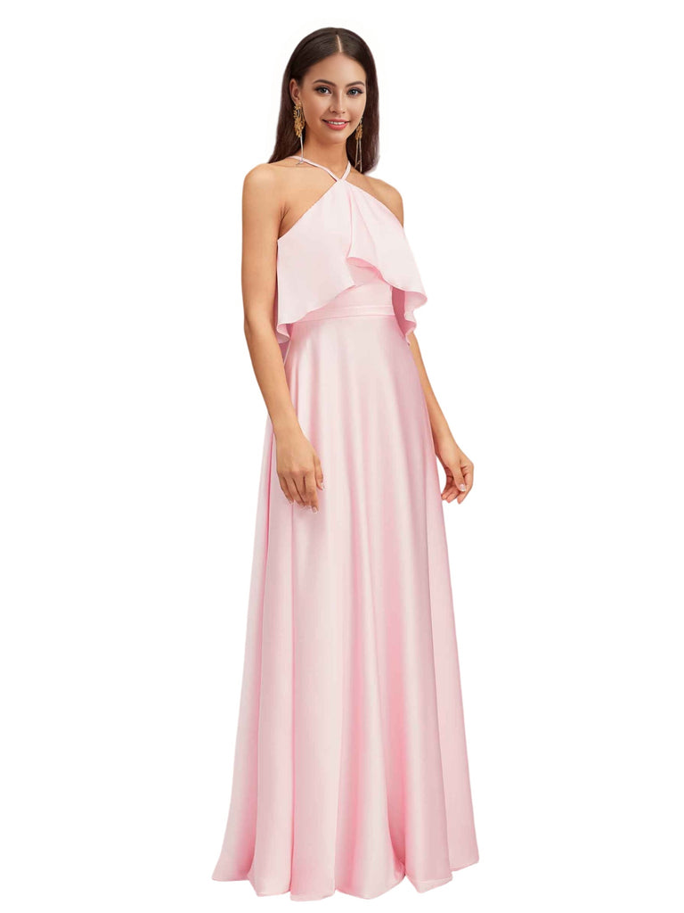 Elegant Halter Spaghetti Straps Soft Satin A-Line Long Bridesmaid Dresses