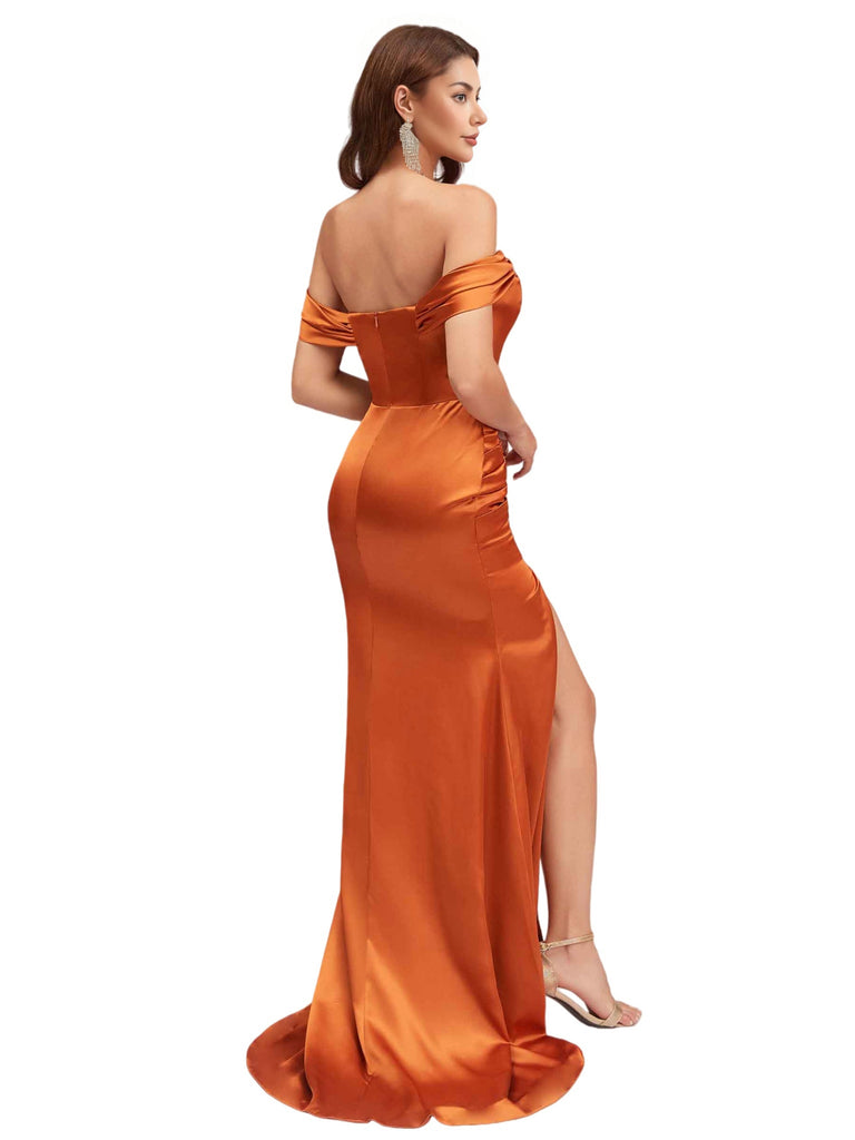 Elegant Silky Satin Off The Shoulder Mermaid Side Slit Ruched Long Bridesmaid Dresses