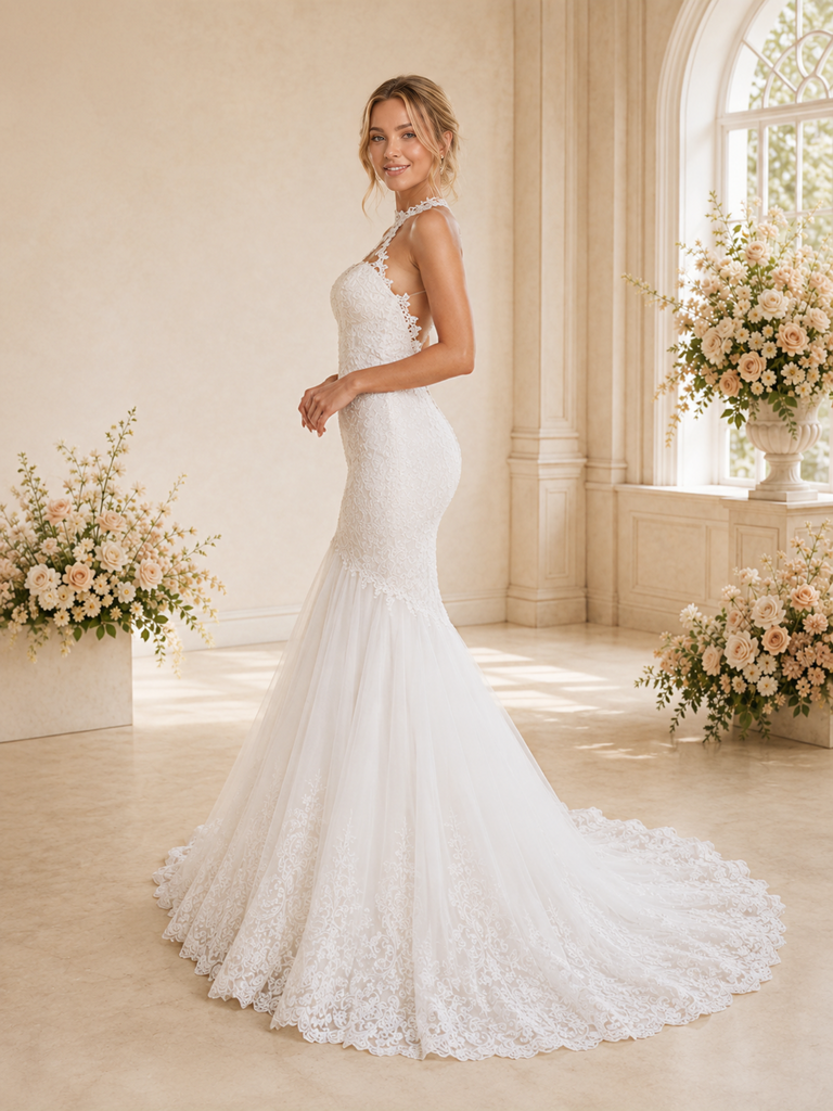 ChicSew Romantic High Neck Sleeveless Tulle Lace Appliques Floor-Length Wedding Dress