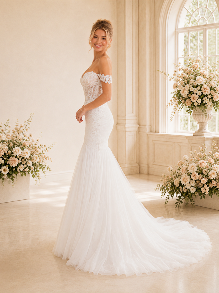 ChicSew Elegant Off The Shoulder Mermaid Lace Applique Boning Long Wedding Dress With Button