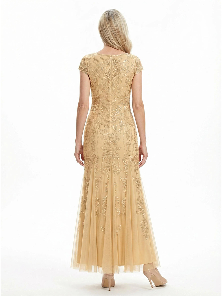 ChicSew Elegant Jewel Cap Sleeves Mermaid Mother Of The Bride Gown Lace Tulle Overlay