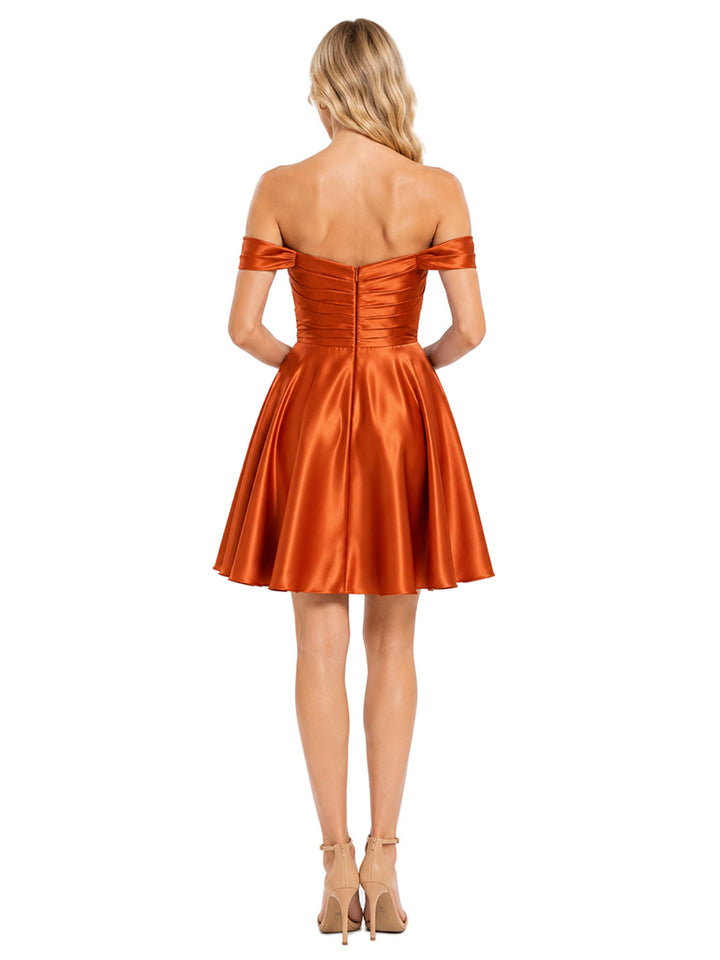 ChicSew Off Shoulder Ruched Soft Satin Bridesmaid Dress Mini-Length Party Gown