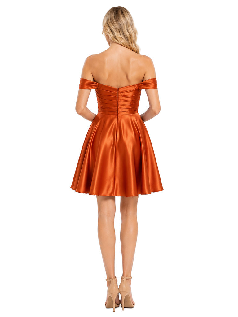 ChicSew Off Shoulder Ruched Soft Satin Bridesmaid Dress Mini-Length Party Gown