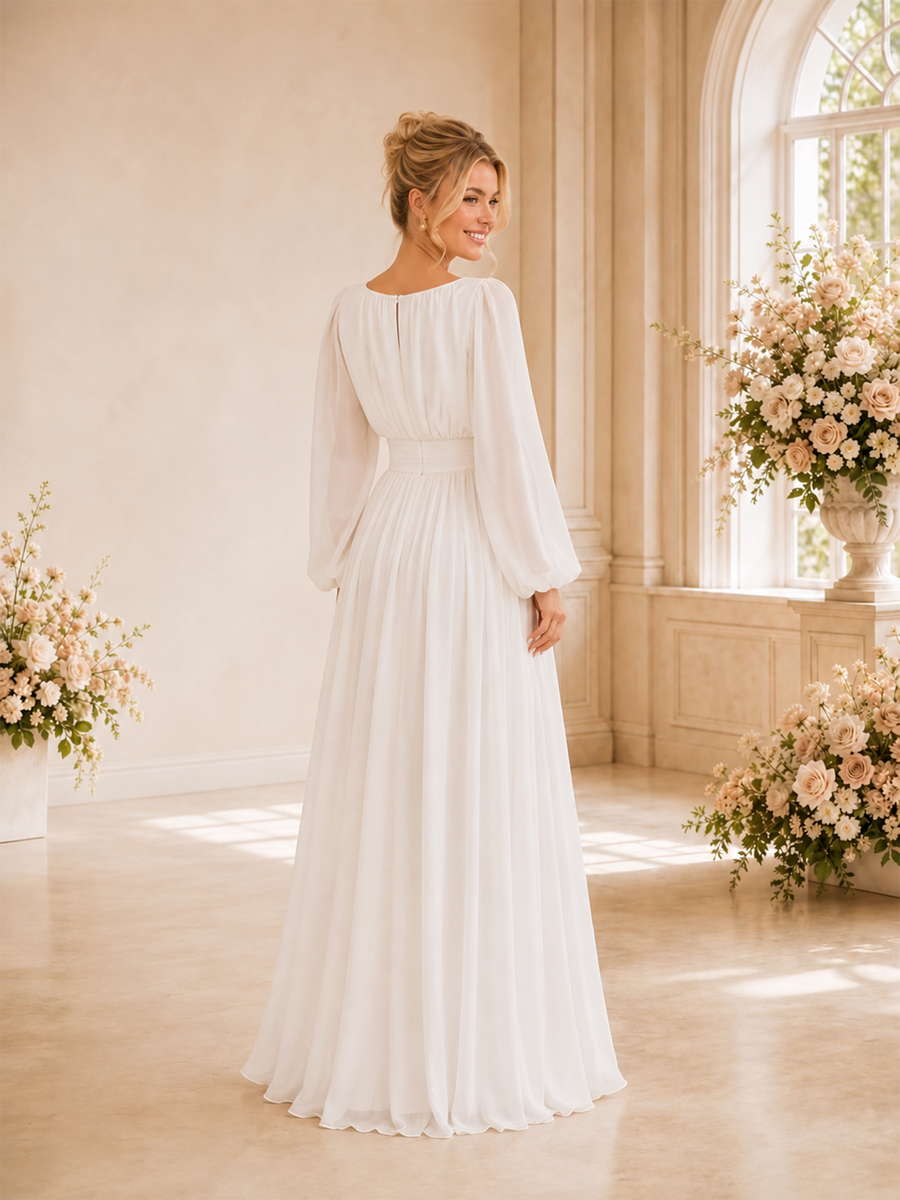 ChicSew Elegant A-line Long Sleeves Bateau Neckline Chiffon Maxi Wedding Dresses