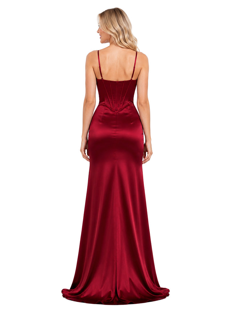 ChicSew Classy Spaghetti Straps Corset Boning Side Slit Mermaid Long Satin Prom Unique Bridesmaid Gown