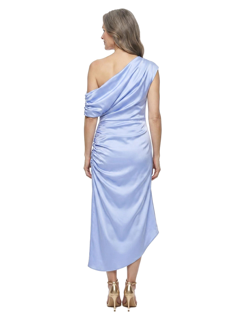 ChicSew Modern Asymmetrical Neck Ruched Satin Mother Of The Bride Dress In Elegant Midi Length