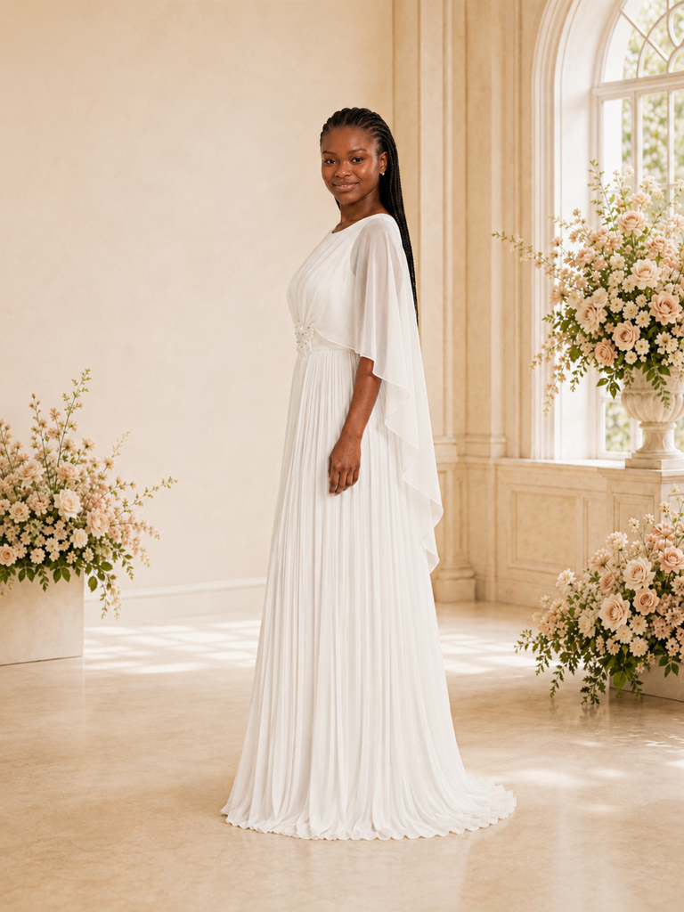 ChicSew Elegant Jewel Chiffon Pleated A-Line Floor-Length Wedding Dress With Cape Sleeve