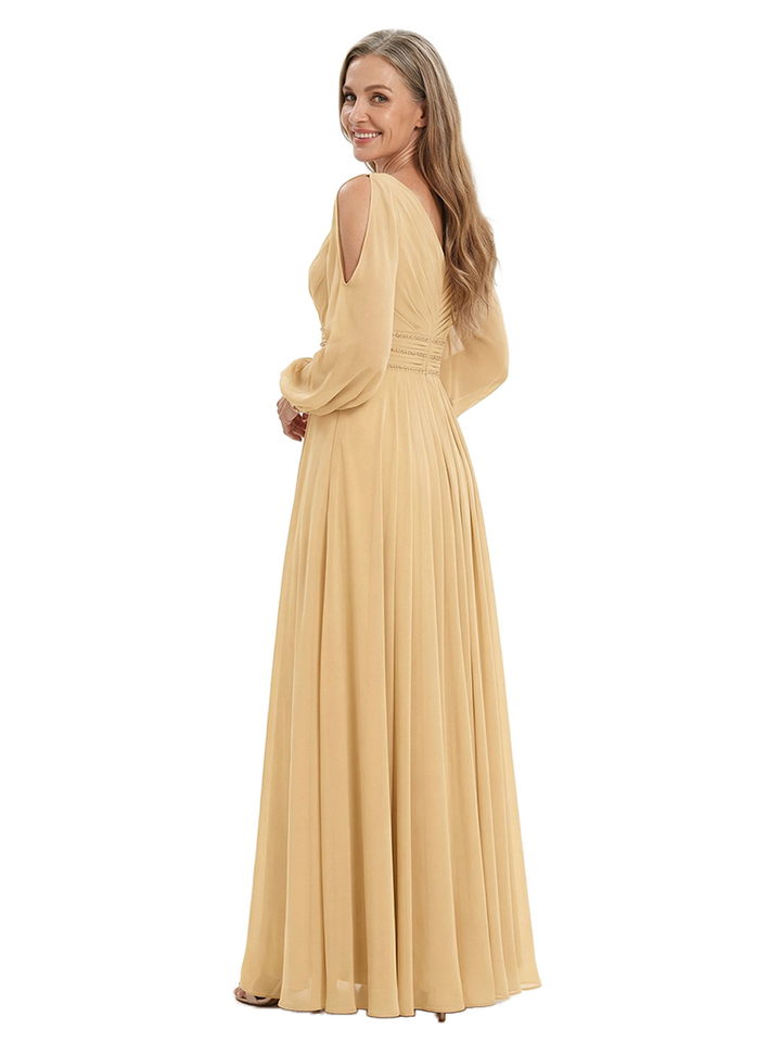 ChicSew V-Neck Long Sleeves Ruched Waist Ruffle Detail Floor Length Chiffon Mom Of The Groom Dresses