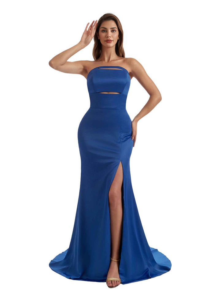 Sexy Mermaid Strapless Simple Silky Satin Long Bridesmaid Dresses Side Slit