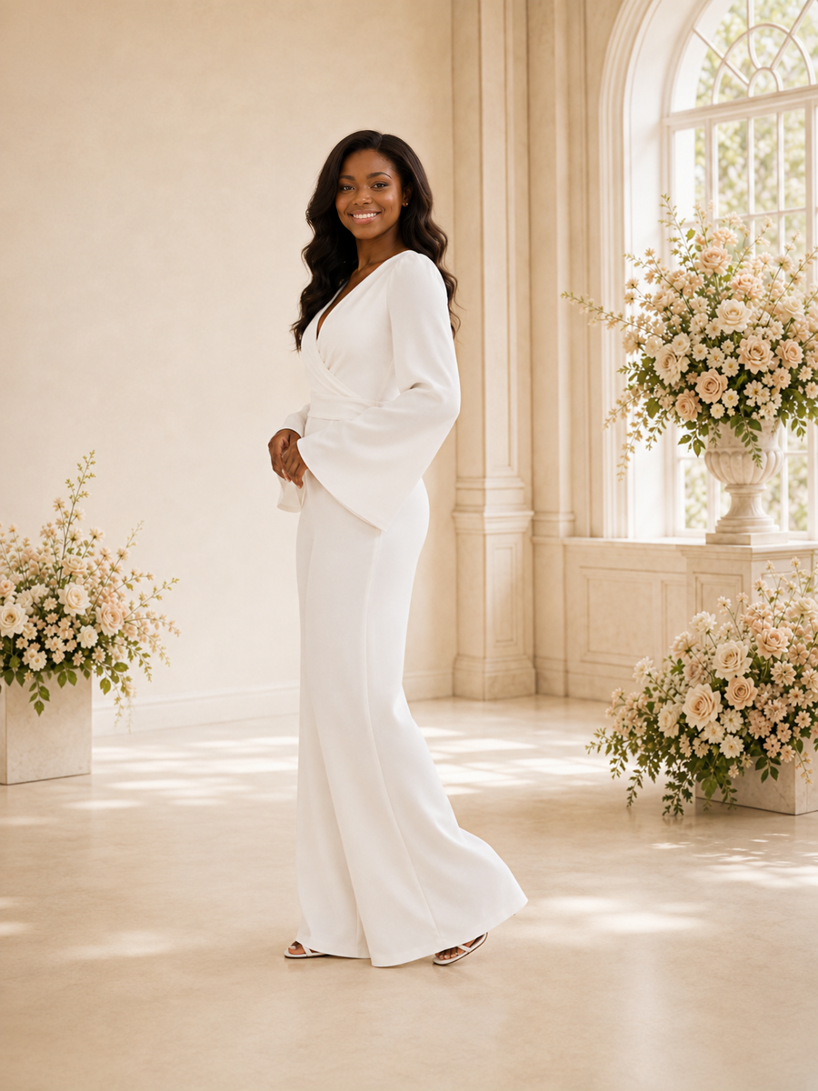 ChicSew Modern Crepe V-Neck Long Sleeves Floor-Length Wedding Jumpsuit