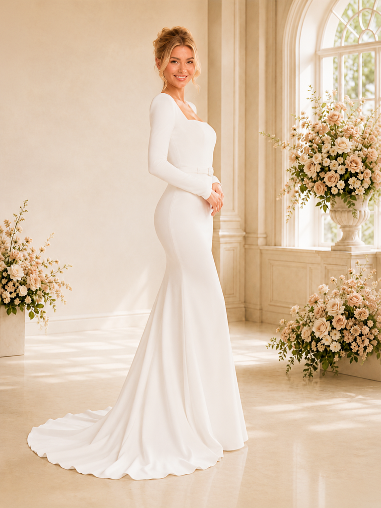 ChicSew Elegant Square Long Sleeves Mermaid Crepe Floor-Length Wedding Dress