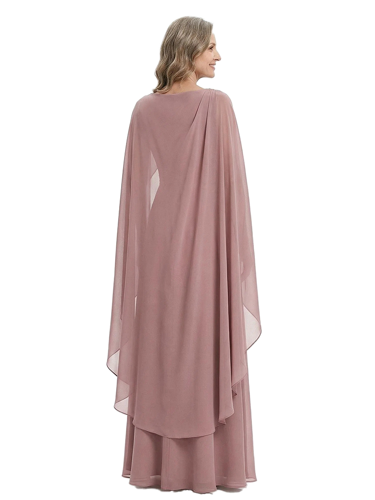 ChicSew Elegant Cape Sleeve Chiffon Mother of The Bride Dress A-Line Maxi Gown Formal Wedding Attire