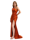 Elegant One Shoulder Silky Satin Side Split Mermaid Ruched Long Bridesmaid Dresses Online