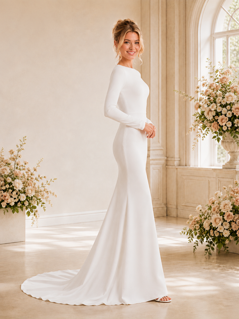 ChicSew Elegant Fancy Crepe Mermaid Long Sleeves Maxi Long Wedding Dresses
