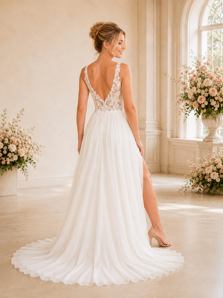 ChicSew Sexy A-Line V-Neck Side Slit Sleeveless Lace Tulle Maxi Long Wedding Dresses