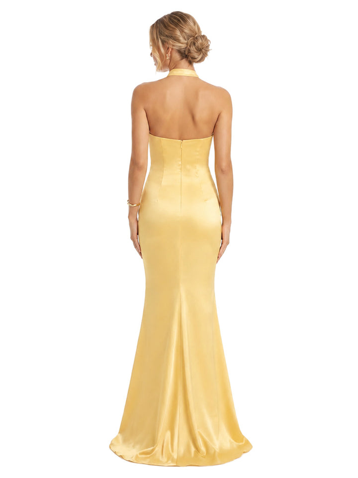 ChicSew Elegant Halter Soft Satin Mermaid Bridesmaid Gown With Bow Floor Length Dress