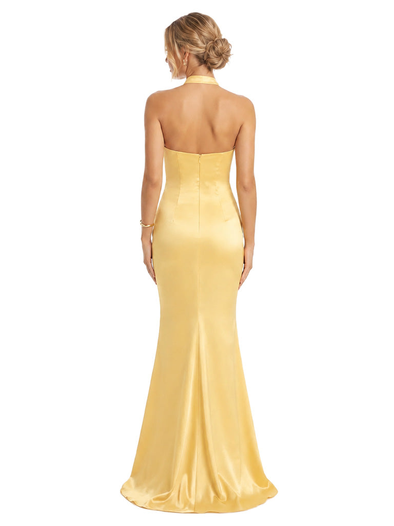 ChicSew Elegant Halter Soft Satin Mermaid Bridesmaid Gown With Bow Floor Length Dress