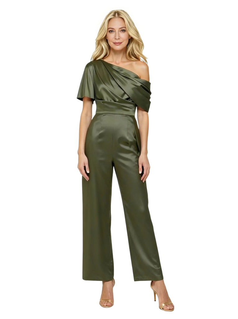 Elegant Asymmetric Straps Satin Jumpsuit For Mother Of The Bride With Train