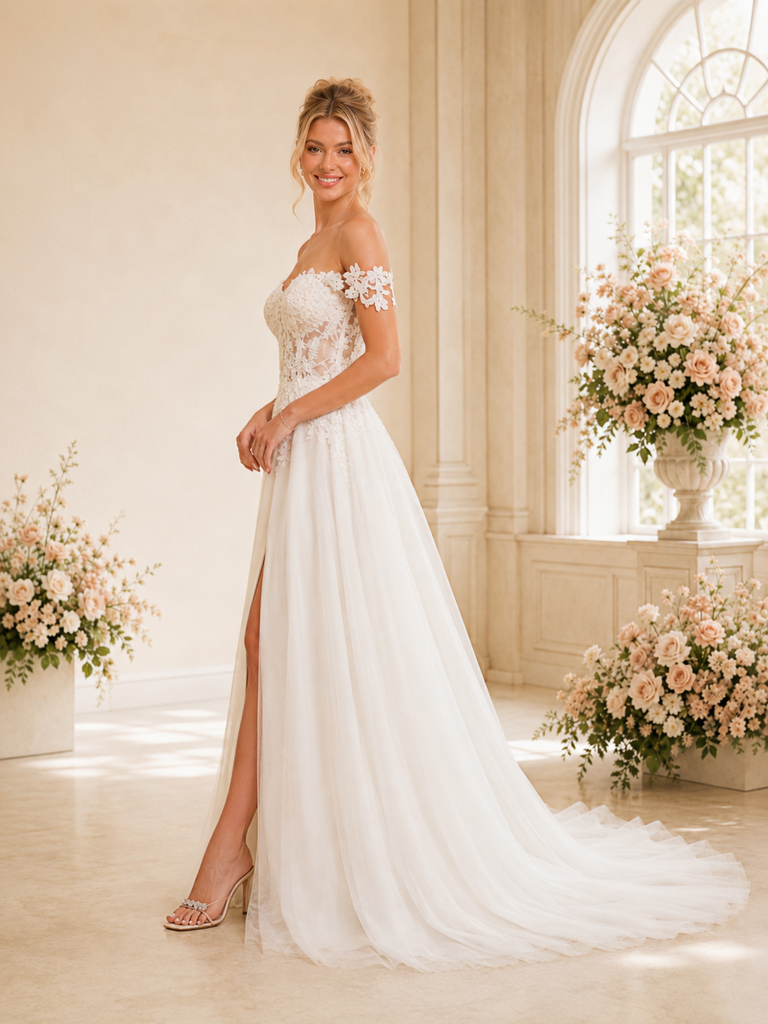 ChicSew Elegant A-Line Side Slit Lace Tulle Off The Shoulder Boning Floor-Length Wedding Dresses With Train