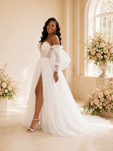 ChicSew Sexy Sweetheart Puff Sleeves A-Line Tulle Maxi Wedding Dress With Lace Appliques