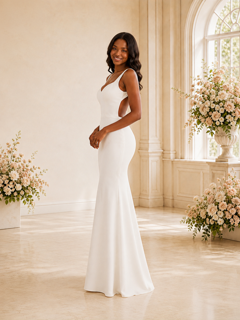 ChicSew Elegant V-Neck Crepe Mermaid Floor-Length Wedding Dress