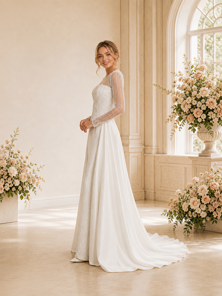 ChicSew Unique Tulle Round Neck Long Sleeves Beaded Satin Mermaid Long Wedding Dress With Overskirt