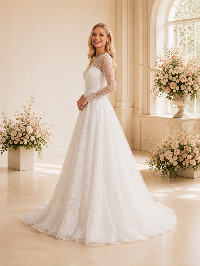 ChicSew Classy Modern Glitter Tulle Illusion Long Sleeves A-Line Maxi Wedding Dress With Button