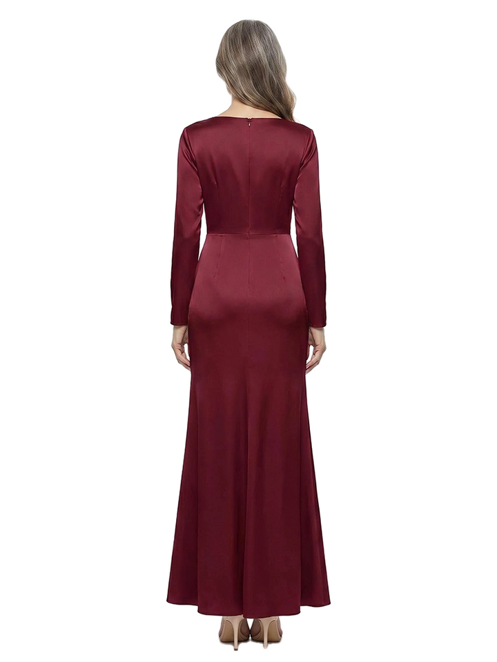 ChicSew V-Neck Long Sleeves Ruched Satin Side Slit Floor-Length Mermaid Mother of the Bride Dress