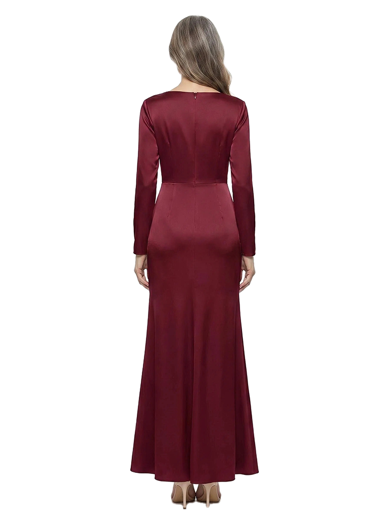 ChicSew V-Neck Long Sleeves Ruched Satin Side Slit Floor-Length Mermaid Mother of the Bride Dress