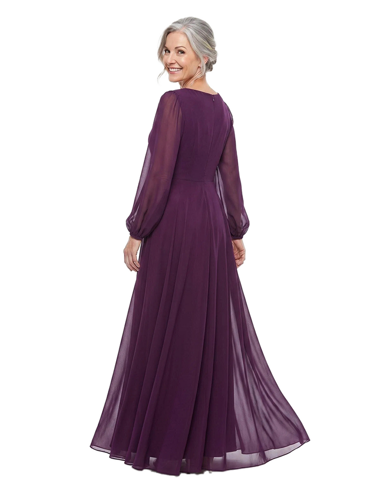 ChicSew V-Neck Long Sleeve Rhinestone Chiffon Floor Length Mermaid Mother of the Bride Dress