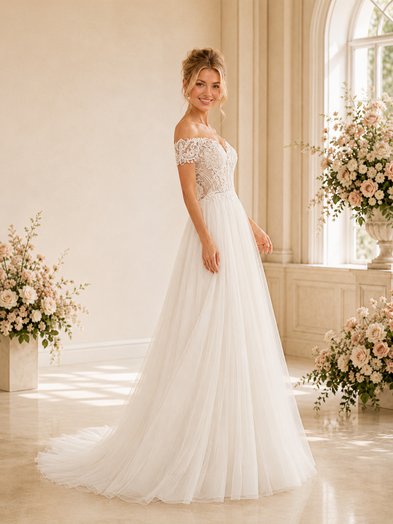 ChicSew Beautiful Elegant Off The Shoulder Lace Tulle A-Line Long Wedding Dress Online