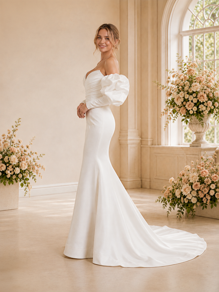 ChicSew Unique Sweetheart Ruching Long Sleeveless Satin Mermaid Long Wedding Dress