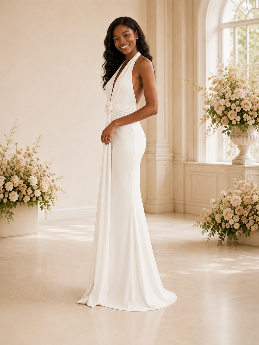 ChicSew Sexy Halter Deep V-Neck Open Back Mermaid Crepe Floor-Length Wedding Dress