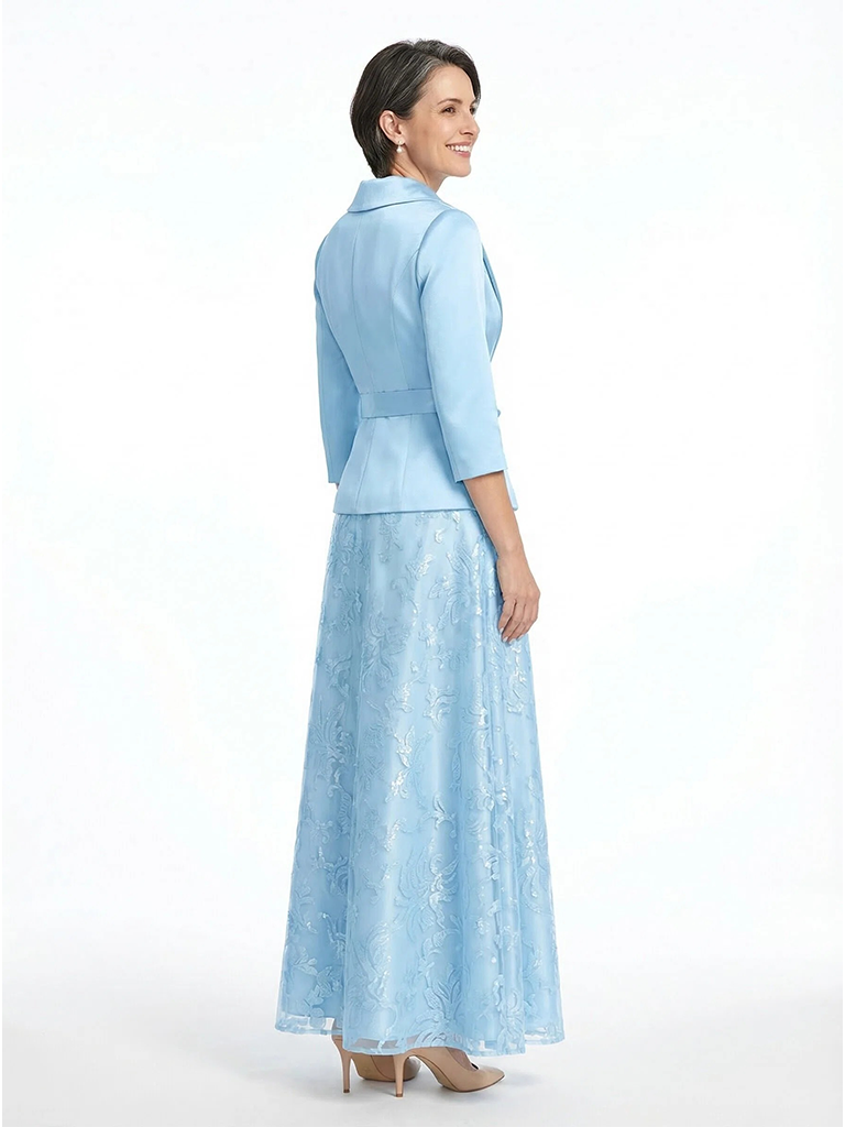 ChicSew V-Neck Long Sleeve Lace Satin A-Line Floor-Length Elegant Mother of the Bride Dresses