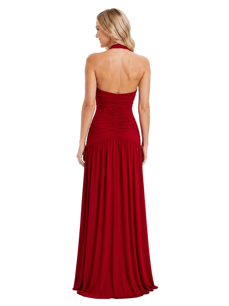 ChicSew Halter Sleeveless Side Slit Jersey Mermaid Floor-Length Bridesmaid Dress For Wedding