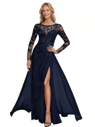 Elegant Chiffon Lace Long Sleeves Jewel A-Line Mother Of The Bride Dresses