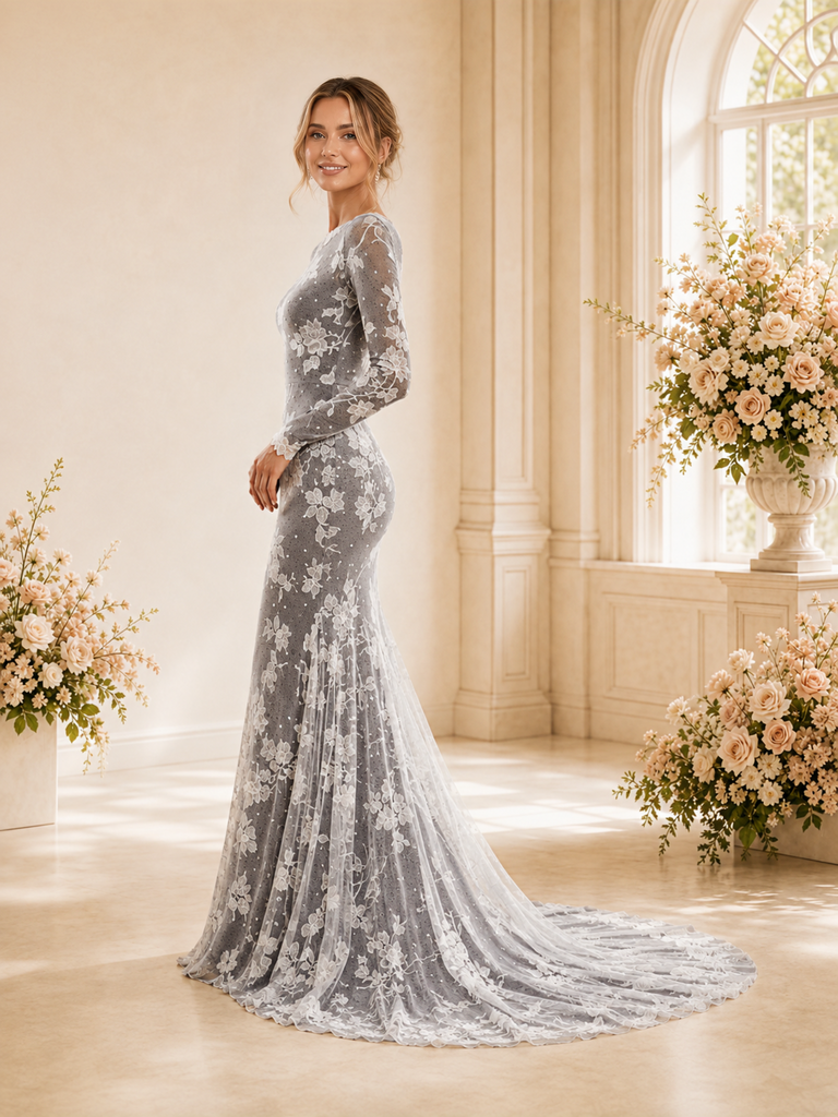 ChicSew Unique Mermaid Lace Applique Tulle Jewel Long Sleeves Maxi Wedding Dress