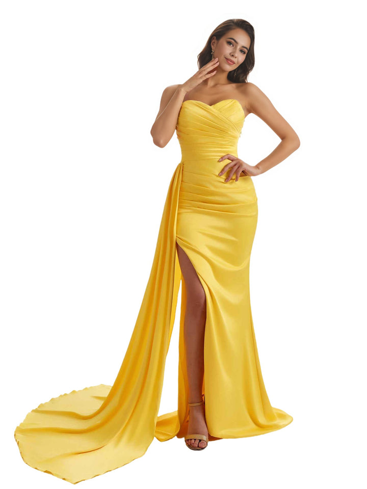 Strapless Sweetheart Mermaid Ruched Satin Chic Long Bridesmaid Dresses Sexy Slit