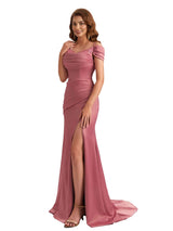 Sexy Soft Satin Cold Shoulder Mermaid Side Slit Unique Long Bridesmaid Dresses