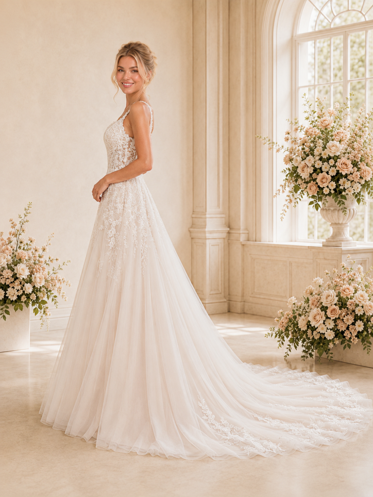 ChicSew Elegant Spaghetti Straps A-Line Lace Tulle Floor-Length Wedding Dresses With Train