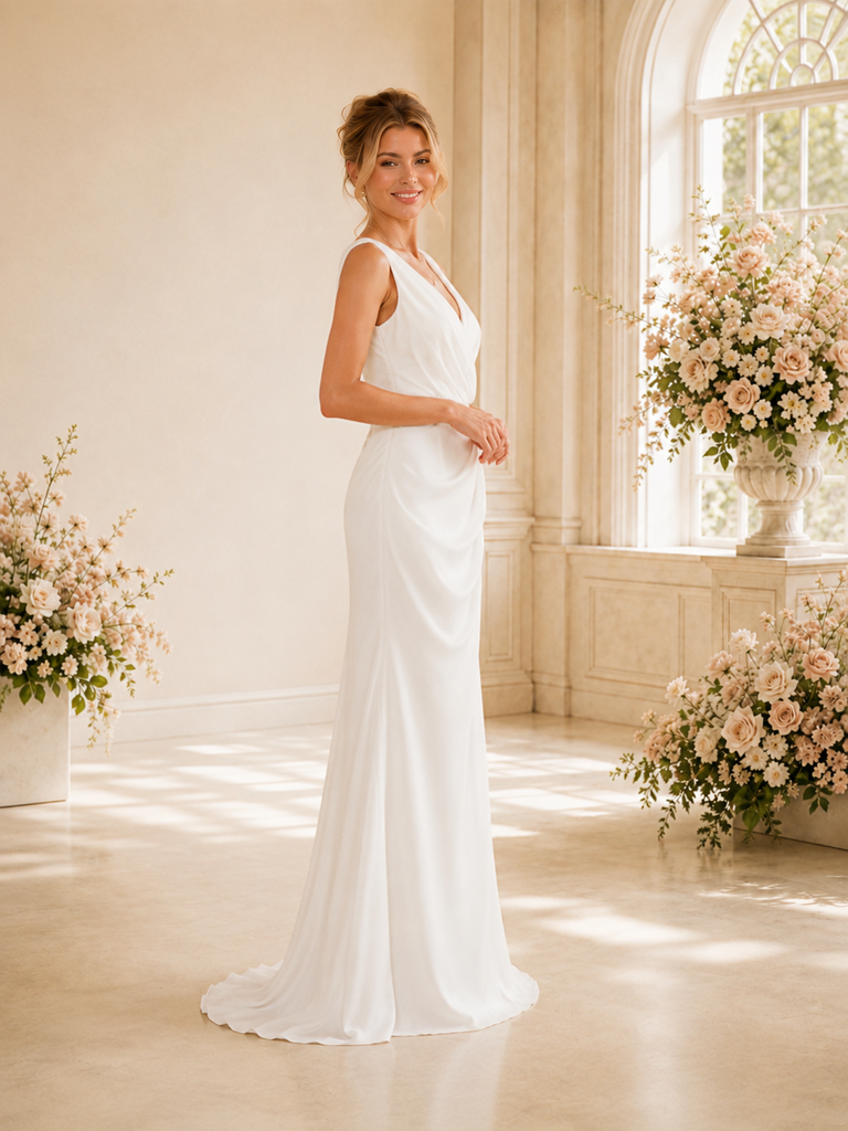 ChicSew Unique V-Neck Sleeveless Ruched Crepe Mermaid Floor-Length Wedding Dress