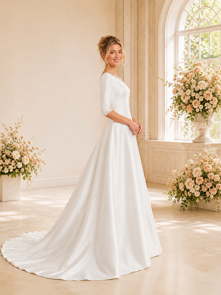ChicSew Elegant Bateau Half Sleeves Satin A-Line Long Wedding Dresses With Beading