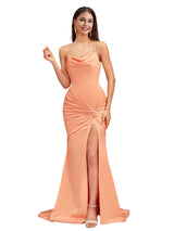 Sexy Mermaid Spaghetti Straps Side Slit Ruched Soft Satin Pretty Long Bridesmaid Dresses