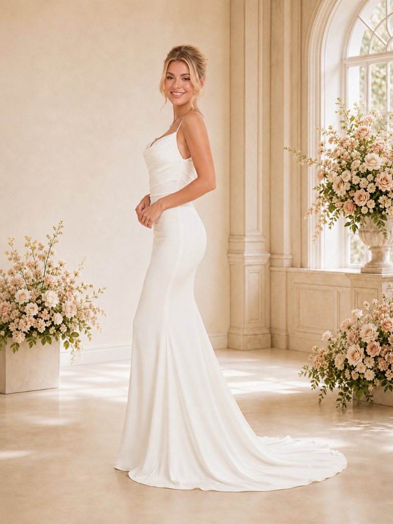 ChicSew Classy Spaghetti Straps Satin Ruched Mermaid Floor-Length Wedding Dress