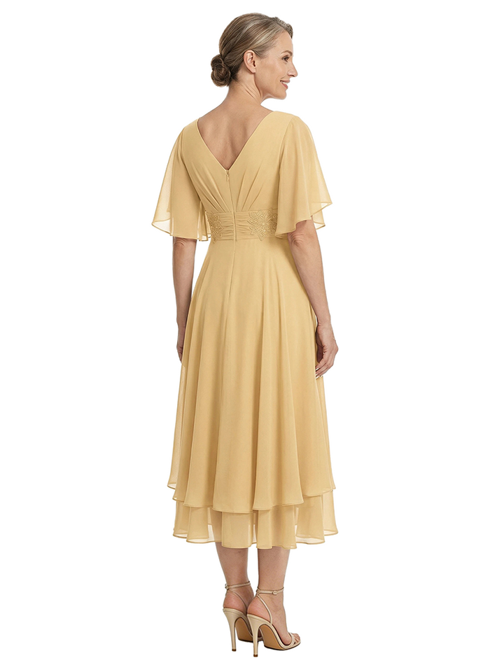 ChicSew V-Neck Short Sleeves Overlay Layered Chiffon Midi Length Casual Mother of the Bride Dresses