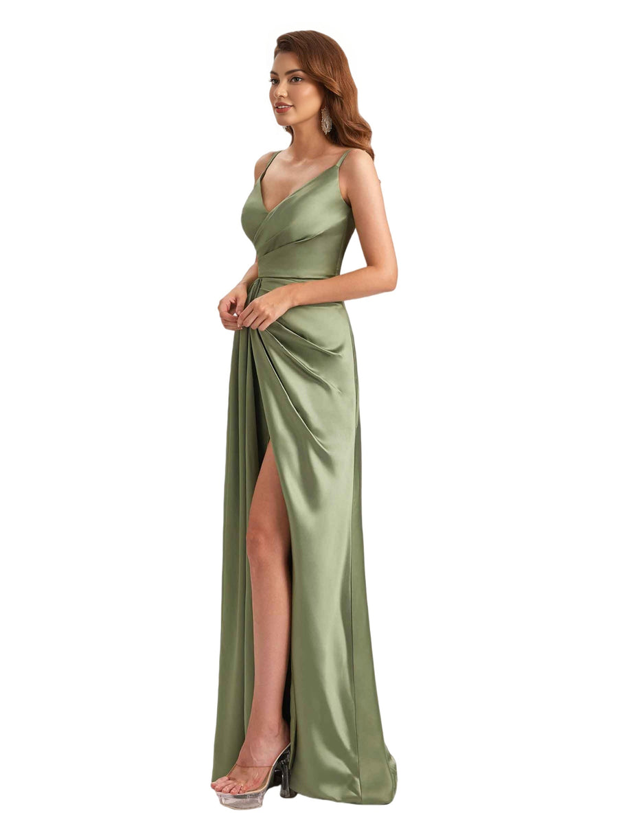 Sexy Silky Satin Spaghetti Straps V-Neck Mermaid Side Slit Unique Long Bridesmaid Dresses