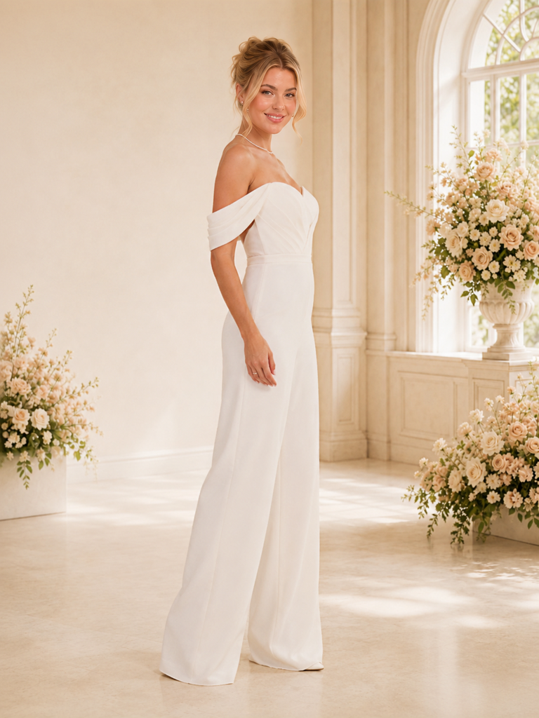 ChicSew Modern Off The Shoulder Crepe Ruching Floor-Length Wedding Jumpsuit