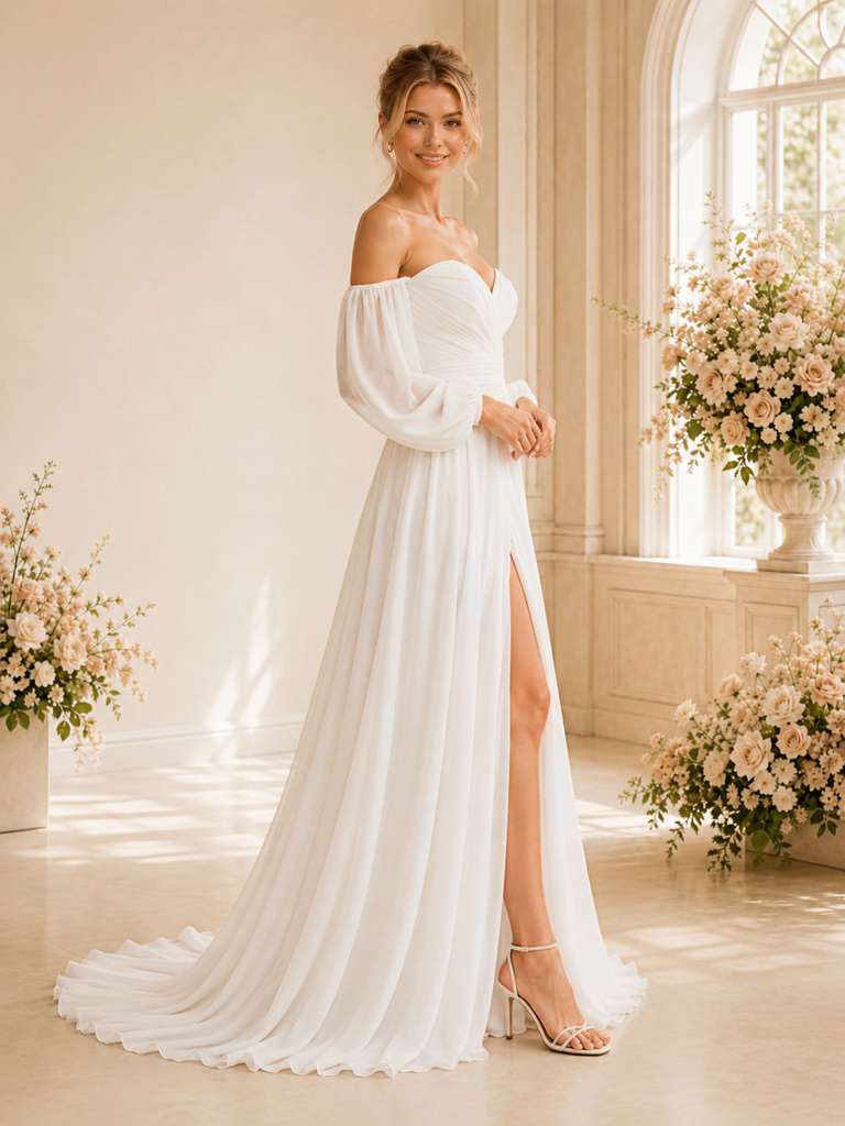 ChicSew Classy Sweetheart 3/4 Sleeves Chiffon A-Line Maxi Long Wedding Dress With Side Slit