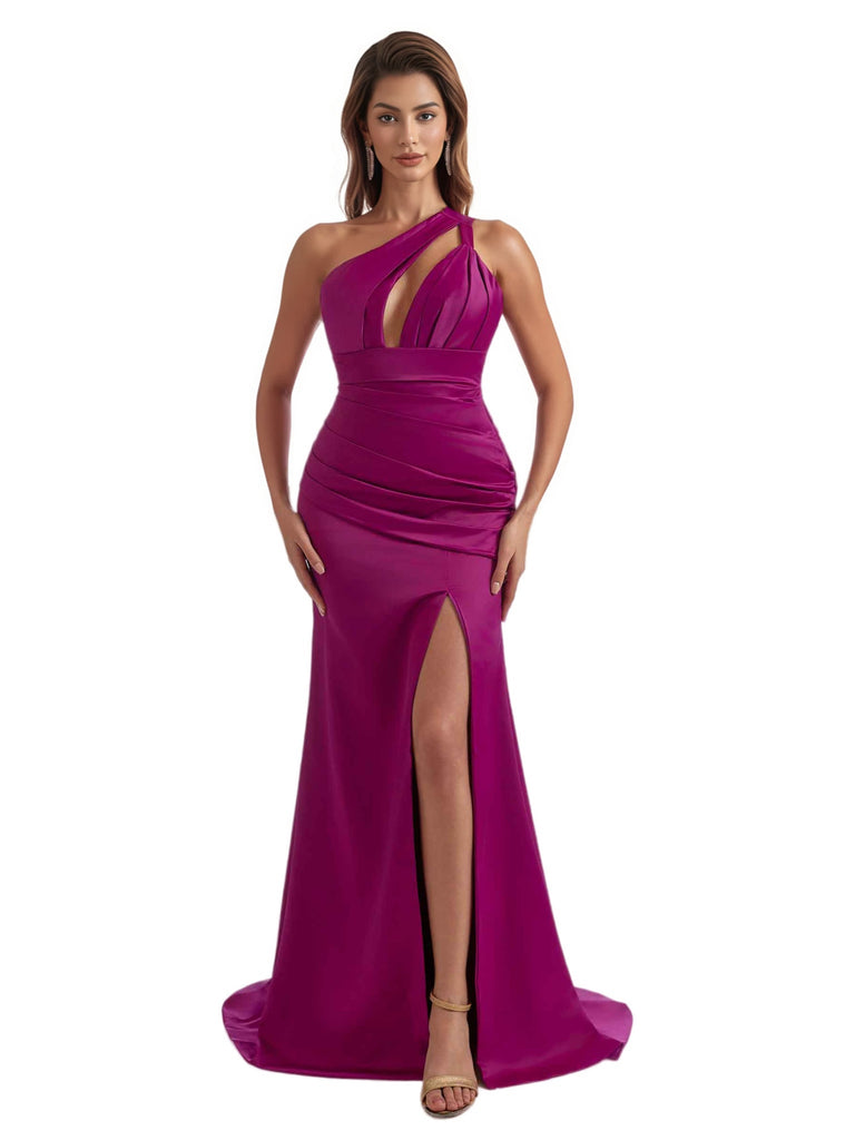 Gorgeous One Shoulder Mermaid Pleated Soft Satin Side Slit Long Bridesmaid Dresses